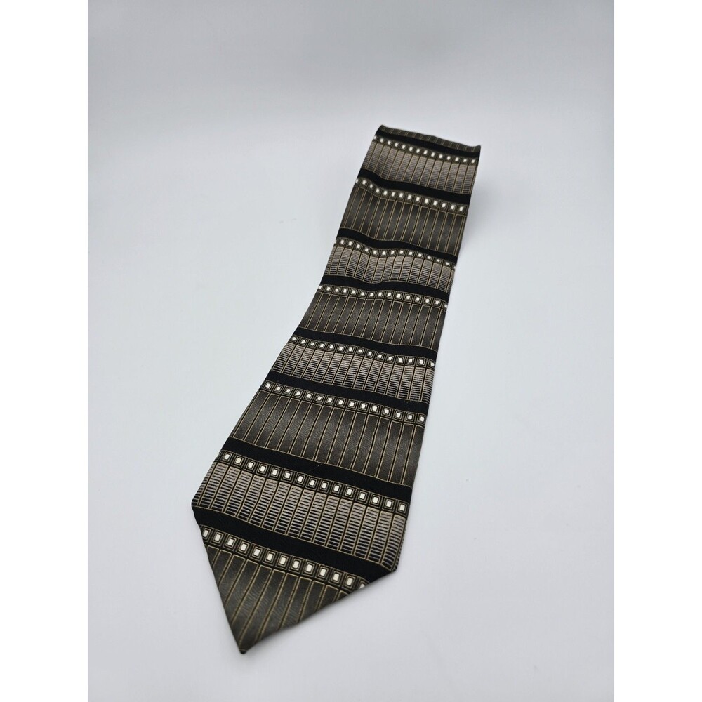 Vtg Mosaic Geometric Silk Tie BlackGold ArtDeco Architectural Retro 90s Handmade